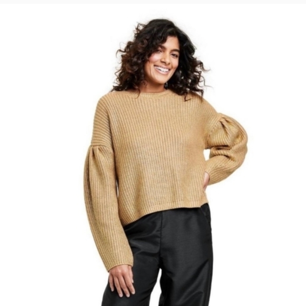 Kika Vargas Gold Metallic Balloon Sleeve Sweater XL NWT